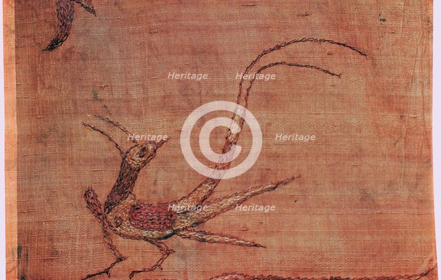 Detail of a Chinese embroidered silk tussore with a phoenix from a Scythian tomb. Artist: Unknown