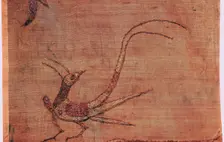 Detail of a Chinese embroidered silk tussore with a phoenix from a Scythian tomb