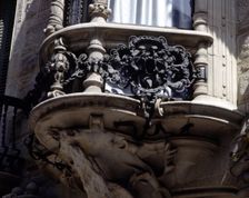 Detail of a balcony of the house Can Calvet at Caspe Street in Barcelona, 1898-1900, designed …