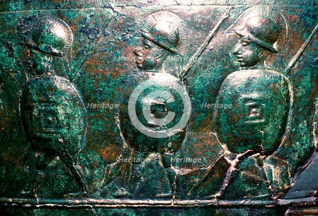 Detail of a bronze situala with Etruscan soldiers, 5th century BC. Artist: Unknown