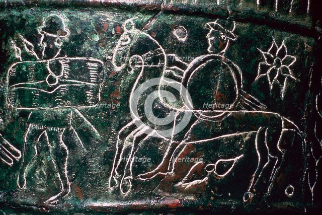 Detail of a bronze situala with Etruscan soldiers, 5th century BC. Artist: Unknown
