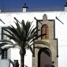 Detail of a building in Vegueta district, with a palm tree in the foreground