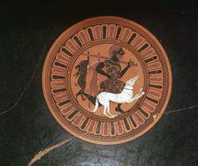 Detail of a Greek kylix showing a hunter and his dog