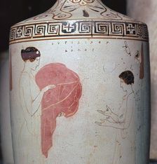 Detail of a Greek lekythos showing a mistress and maid, 5th century BC