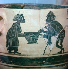 Detail of a Greek vase showing Odysseus and Circe, 5th century BC