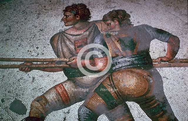 Detail of a floor mosaic in the Great Palace in Istanbul showing hunters, 6th century. Artist: Unknown