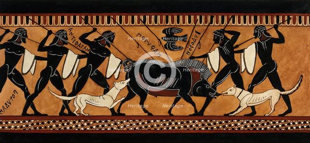 Detail of a frieze decorating a Greek black-figured column krater representing a group..., 1760-9. Creator: Augustin Dahlsteen.