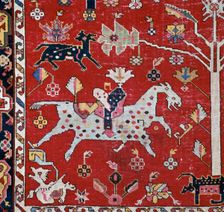 Detail of a horse, dog and tree on a Caucasian Hunting carpet, 17th century