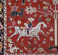 Detail of a horse, dog and tree on a Caucasian Hunting carpet, 17th century