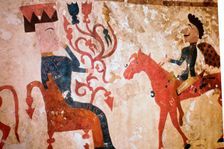Detail of a horseman and seated man from felt Scythian wall-hanging