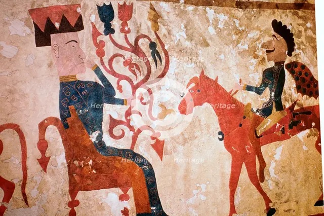 Detail of a horseman and seated man from felt Scythian wall-hanging. Artist: Unknown