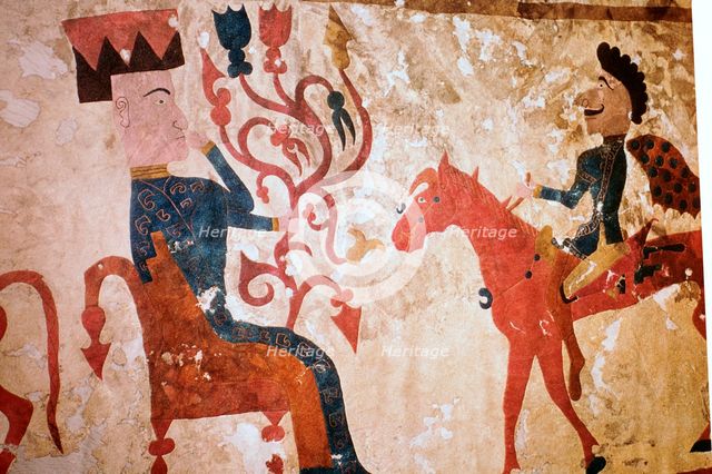 Detail of a horseman and seated man from felt Scythian wall-hanging. Artist: Unknown