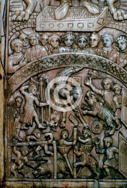 Detail of a leaf of a Byzantine ivory diptych showing men and bears at the circus.