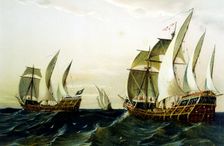 Detail of a lithograph made ??in 1875 showing the Caravels of Columbus first voyage to America i…