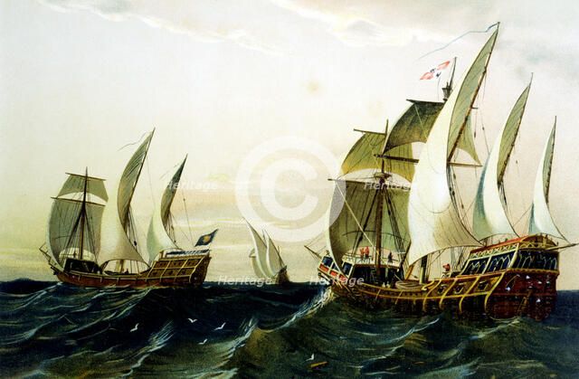 Detail of a lithograph made ??in 1875 showing the Caravels of Columbus' first voyage to America i…