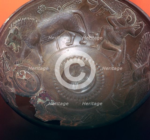 Detail of a lion-hunt on the inside of a bronze bowl, 8th century BC. Artist: Unknown