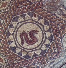 Detail of a mosaic depicting a snake in the Roman house of the Merida Amphitheater
