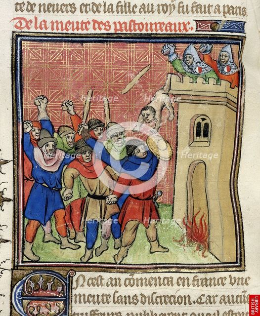 Detail of a miniature of the Third Crusade of Pastoureaux. Jews throwing their children from a tower, after 1380. Artist: Virgil Master (active 1380-1420)