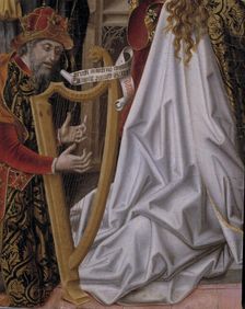 Detail of a musician playing the harp, from the painting Coronation of the Virgin by Fernando G…