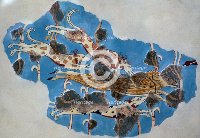 Detail of a Mycenaean fresco showing a wild boar hunt. Artist: Unknown