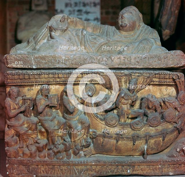 Detail of a sarcophagus showing Odysseus and the sirens. Artist: Unknown