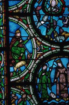 Detail of a stained glass window showing the story of Moses, 12th century