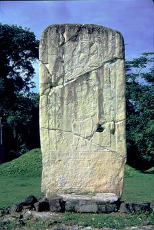 Detail of a stela in which king Txan Muan is represented with a ceremonial spear and a shield
