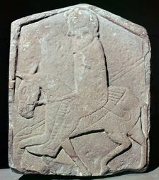 Detail of a Pictish slab showing a horseman with sword and spear, 7th century