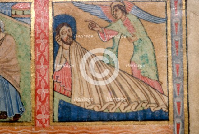 Detail of a Psalter, Angel Warns Joseph to fle to Egypt, c1140. Artist: Unknown.