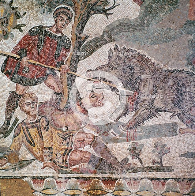 Detail of a Roman floor mosaic showing a boar hunt, 3rd century. Artist: Unknown