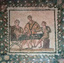 Detail of a Roman floor mosaic showing dice players, 3rd century