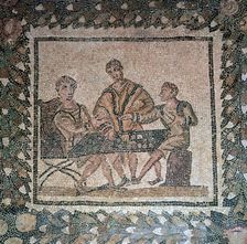 Detail of a Roman floor mosaic showing dice players, 3rd century