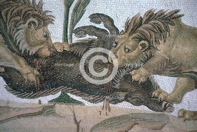 Detail of a Roman mosaic showing lions killing a boar, 2nd century. Artist: Unknown