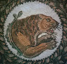 Detail of a Roman mosaic showing the head of a lion, 4th century