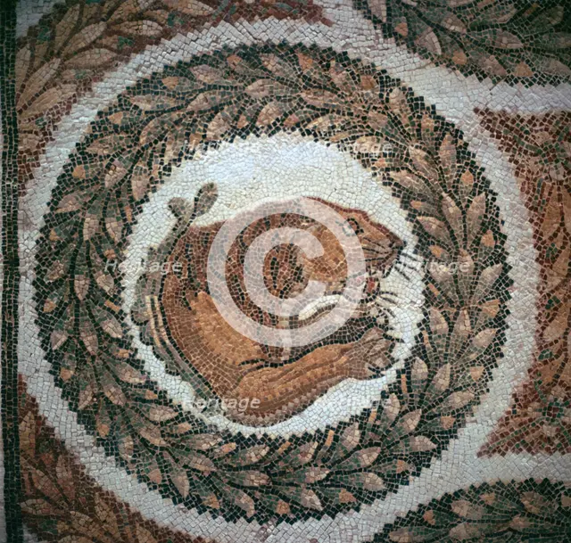 Detail of a Roman mosaic showing the head of a lion, 4th century. Artist: Unknown
