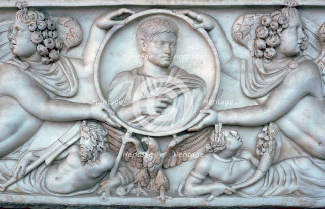 Detail of a Roman sarcophagus of a young man. Artist: Unknown