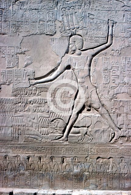 Detail of a relief of Pharaoh smiting his enemies, Temple of Khnum, Ptolemaic & Roman Periods. Artist: Unknown