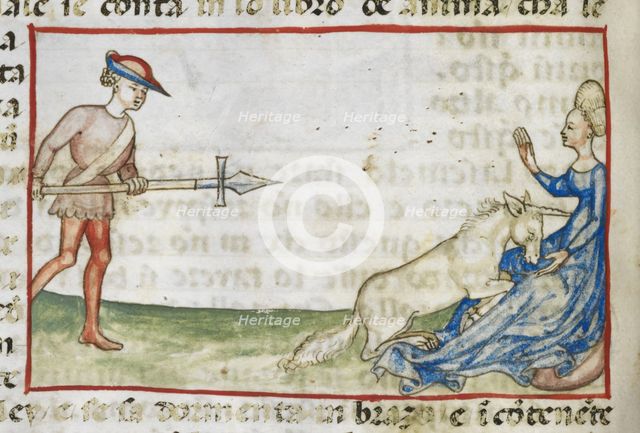 Detail of a tinted drawing of a woman protecting a unicorn, 2nd quarter 15th century. Creator: Anon.