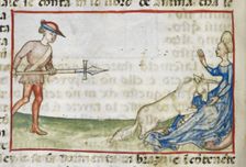 Detail of a tinted drawing of a woman protecting a unicorn, 2nd quarter 15th century. Creator: Anon