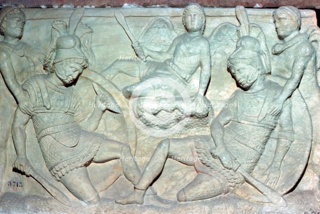 Detail of an Etruscan sarcophagus from Chiusi showing the death of Eteocles and Polynices. Artist: Unknown