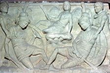 Detail of an Etruscan sarcophagus from Chiusi showing the death of Eteocles and Polynices