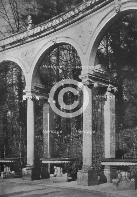 Detail of colonnade and fountains, Temple of Music, Versailles, France, 1924. Artist: Unknown.