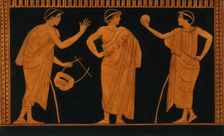 Detail of decoration of a red-figured Greek vessel showing three youths, one holding..., 1760-9. Creator: Augustin Dahlsteen