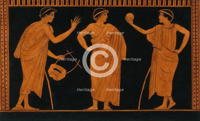Detail of decoration of a red-figured Greek vessel showing three youths, one holding..., 1760-9. Creator: Augustin Dahlsteen.