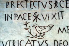 Detail of early Christian funerary inscription from the Catacombs of Rome, c3rd century