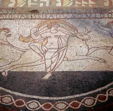 Detail of Floor mosaic showing Europa riding a bull, Lullingstone Roman Villa, Kent