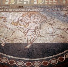 Detail of Floor mosaic showing Europa riding a bull, Lullingstone Roman Villa, Kent