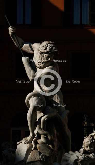 Detail of Fountain of Neptune, Piazza Navona, Rome, Italy, 2009.   Creator: LTL.