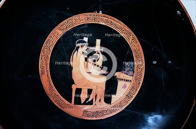 Detail of Greek red-Figured Kylix, Apollo seated at altar, with Kithara, Athens, c480BC-47 BC. Artist: Unknown.