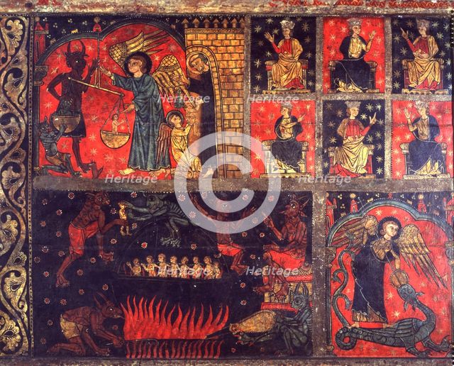 Detail of hell and Sant Michael, front of Soriguerola. Painting on wood.